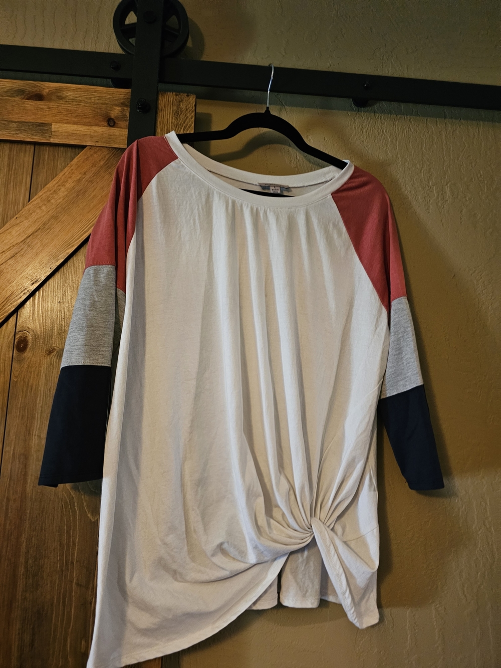Knot-Front Colorblock Long Sleeve Tee - White, Coral, Gray & Navy